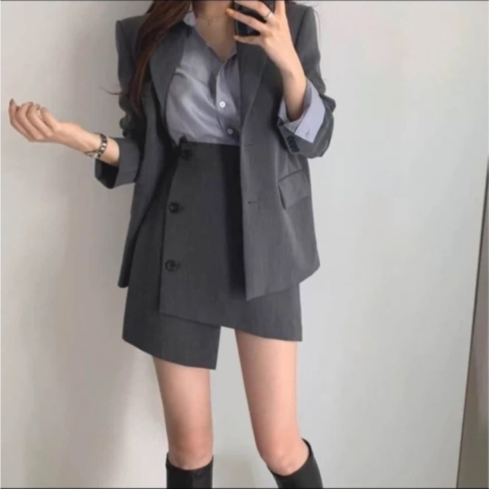 Gray Blazer and Skirt Set